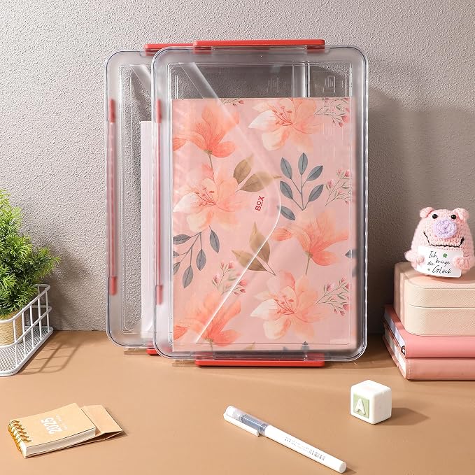 Plastic File Storage Boxes with Lids, 2pcs Small Desktop Organizers with Handle, Stackable Document and Paper Storage Bins for Office and School Use