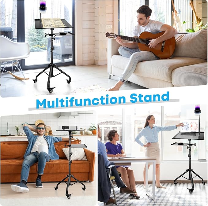 Portable Laptop & Projector Stand with Phone Holder and Mouse Tray, Adjustable Height Tripod Stand for Laptop, Projector, DJ, Sheet Music, Black