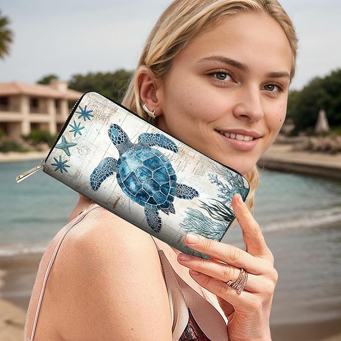 RFID Blocking Leather Wallet for Women – Large Capacity Zip Around Clutch with 8 Card Slots,13 Cash Pockets & Coin Zipper,Sea Turtle Illustration