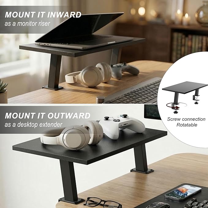 15-Inch Desktop Clamp-on Shelf & Monitor Riser, 2-in-1 Reversible Design ??Fits Either Side of Desk, C-Clamp for Stability, Holds 44 lbs, for Gaming PC, Console & Office Setup