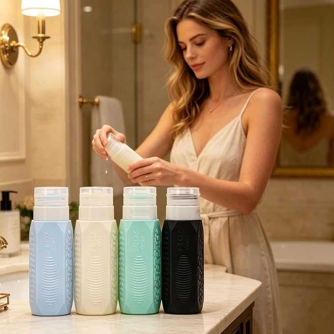 Silicone Travel Bottles for Toiletries, TSA Approved 3/2oz Squeeze Containers, Refillable LeakProof Travel Size Accessories for Shampoo Body Wash, Travel Essentials with Clear Bag-4 Pcs