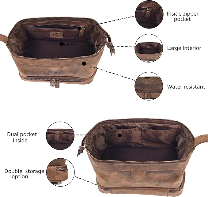 LEATHER VILLAGE Genuine Leather Dopp Kit – Large Travel Toiletry Bag with Waterproof Lining, Dual-Zip Design for Men & Women, Organizer for Shaving, Makeup & Essentials - Rustic Brown