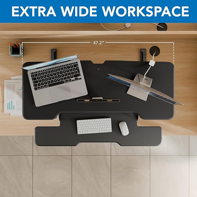 Mount-It! 47" Standing Desk Converter, XL Desktop Sit-Stand Desk Riser with Gas Spring Height Adjustment, Wide Desk Topper for Dual Monitors or Monitor & Laptop, Keyboard Tray, Black