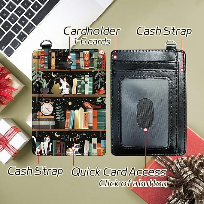 Small Travel Wallets, Cats Library Slim Minimalist Front Pocket Wallet with Wristlet, RFID Blocking PU Leather Credit Card Holder with ID Window Change Purse for Men Women
