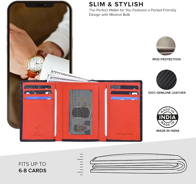 Tri fold Leather Wallet for Men with RFID | Slim Wallets for Men with 1 ID and 6 Credit card slots | Front Pocket Minimalist
