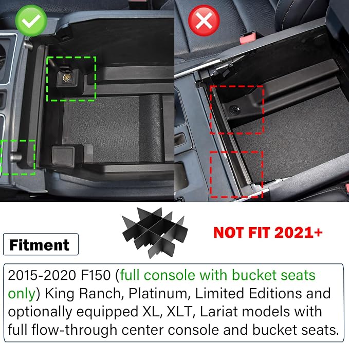RUNROAD Center Console Organizer Dividers Compatible with Ford F150 2015-2020 (Full Console with Bucket Seats ONLY) Accessories, Insert Tray Divider Armrest ABS Secondary Storage