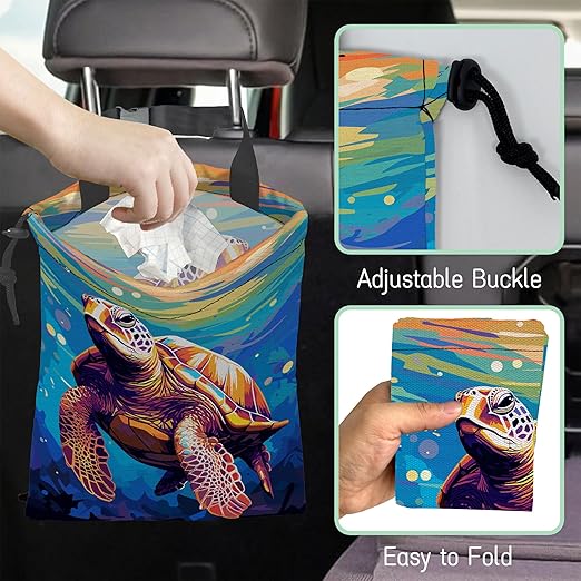 Pop Art Turtle Car Garbage Bag,Waterproof Small Car Trash Bag Hanging Back of Seat,Drawstring Hanging Car Trash Bag with Adjustable Buckle for Car Accessories