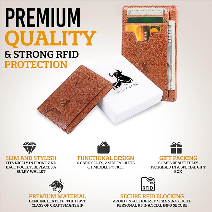 BULL GUARD Mens RFID Blocking Leather Slim Card Case Wallet with Easy Access ID windows, Cash & Card Slots, Crafted with Premium Top Grain Leather Ideal for Travel or Everyday Use (Wild Buffalo Brown)