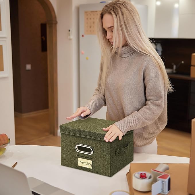 Greeting Card Organizer and Storage Box with 20 Pcs Adjustable Dividers, Storing Cards with 84 Pcs Labels Perfect for Storing Greeting Cards, Envelopes, Photos 1 Pack Olive Green