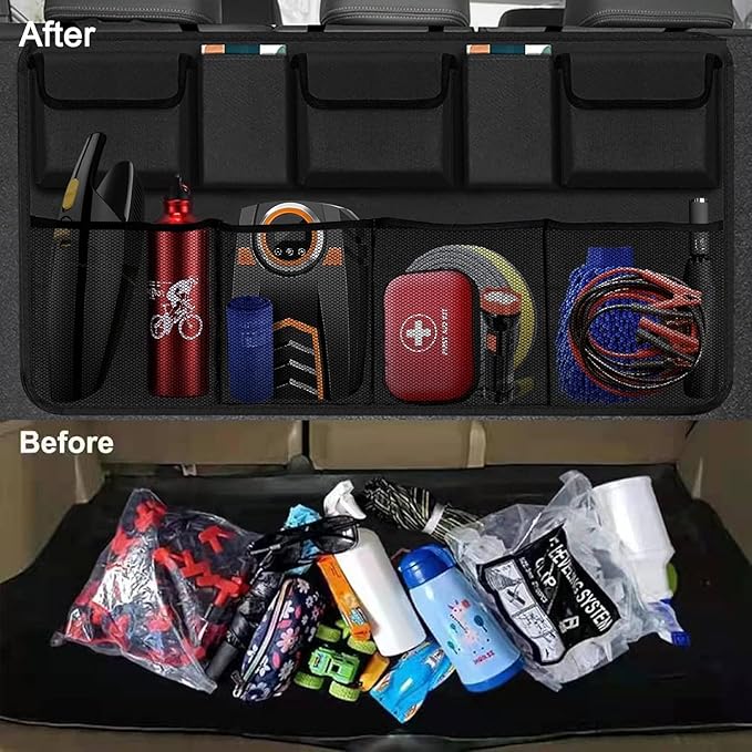 Car Backseat Hanging Trunk Organizer for SUV, Van, Truck with 9 Strage Pockets, Space Saving Organizer, Durable Strong Straps, Easy Wash (Rear Seat)