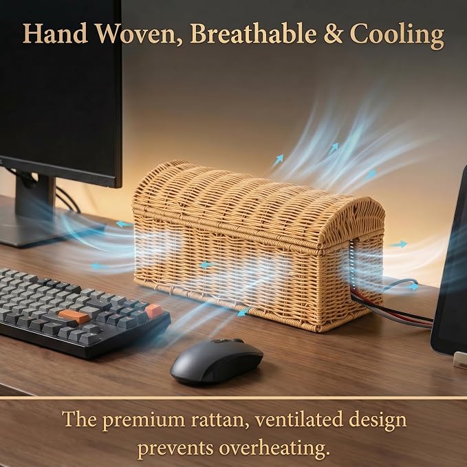 Large Rattan Cable Management Box, Decorative WiFi Router & Modem Hider | Ventilated, Waterproof, Easy Clean, No Assembly, Decorative Cable Organizer