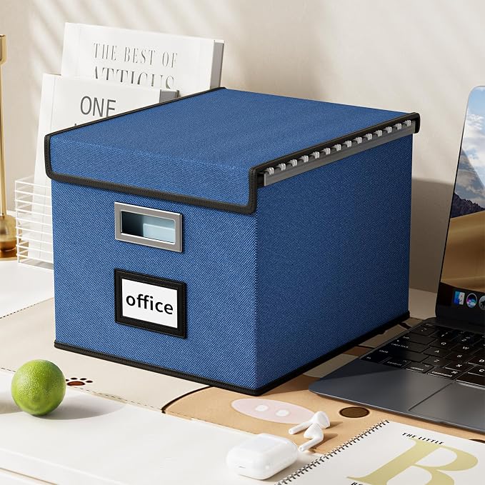 File Organizer Box with Lid, Collapsible File Folder Organizer for Office Document Storage, Filing Box with Plastic Slide for Letter Size Hanging File Folders(1 Pack, Royal Blue)