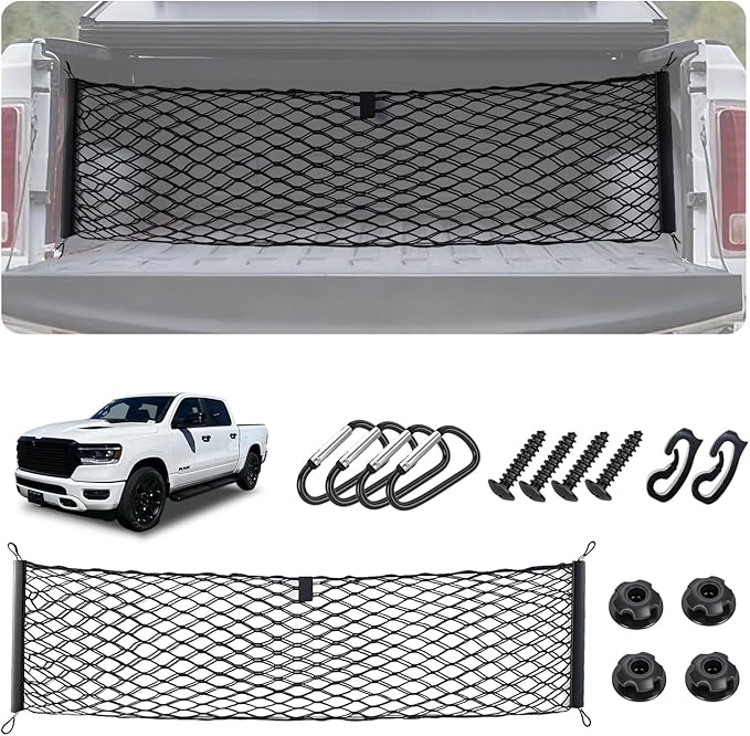 Envelope Style Truck Bed Cargo Net for Dodge Ram 1500 2019-2026 Accessories, Rear Trunk Mesh Cargo Net, Upgraded 5mm Bungee & Double-layer Nylon Storage Tailgate Netting Grocery&Tools Holder Organizer