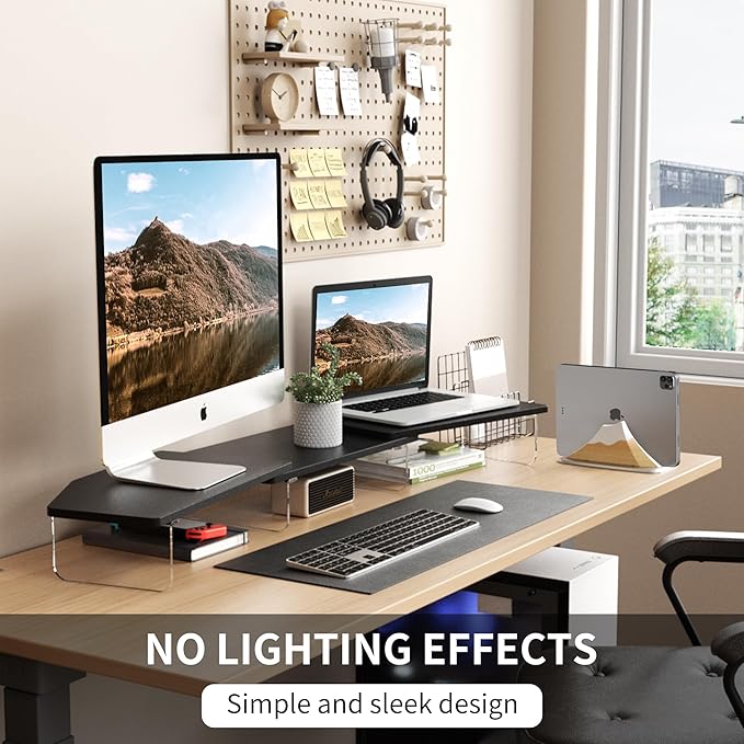 AFOOYO LED Dual Monitor Stand Riser for 2 Monitors,Office Desktop Wooden Stand Adjustable Length and Angle 3 Shelf,Extra Long Multifunctional Stand up to 44.4" for Computer,Laptop,TV,Black