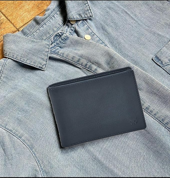 Real Leather Mens Bifold Wallet RFID Blocking Slim Minimalist Front Pocket - Thin & Stylish with ID Window in Gift Box (Nappa, Midnight Navy)