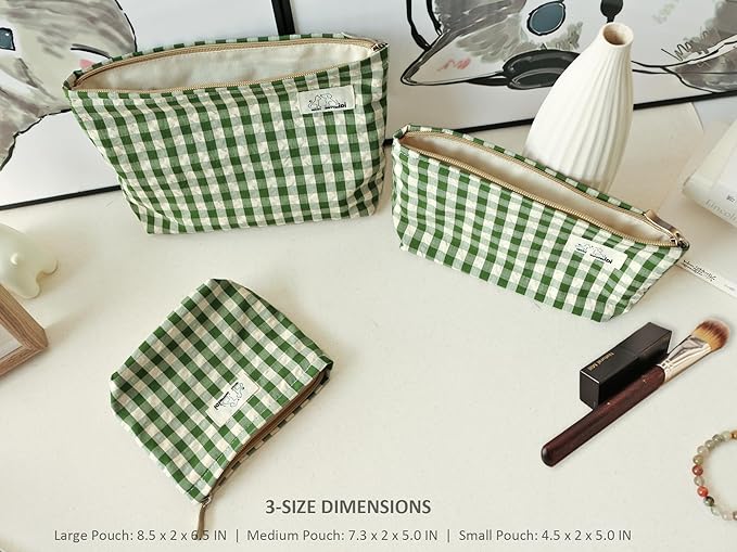 HAPPYHEIDI Nylon Checker Makeup Bag Set 3 with Compartment Cosmetic Toiletry Travel Pouch,Purse Accessory Organizer, 3-Size, Beige Green Plaid, Canvas Lined