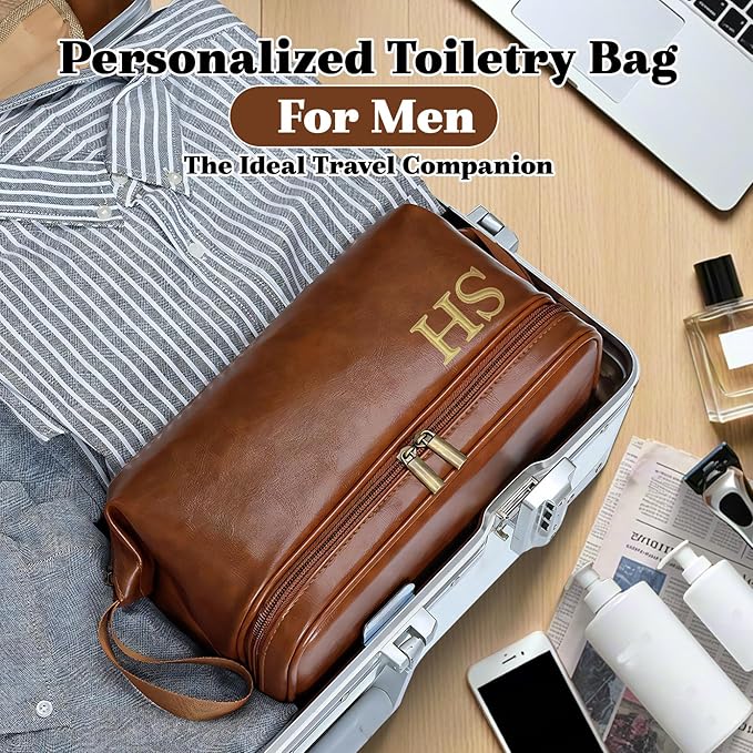 Personalized Leather Toiletry Bag for Men, Embroidered Custom Initials, Men's Travel Accessories, Gifts for Dad, Grandpa, Husband, Groomsmen, Father's Day Birthday Gifts (Style 6)