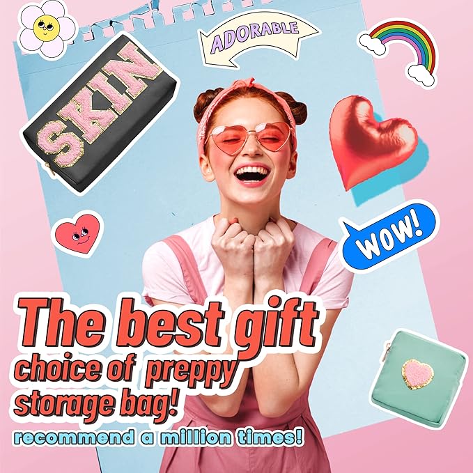 Preppy Patch Skin Makeup Bag for Travel, 2 PCS Chenille Letter Cosmetic Sunscreen Bag, PU Waterproof Beach Bag Pouch Organizer,Gift for Women Girls