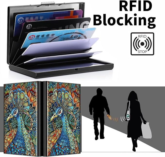 Metal Wallet for Women Men Girls, RFID Blocking Slim Aluminum Credit Card Holder, Mini Travel Wallet with Hard Shell, Lightweight ID & Business Card Case,Art Peacock