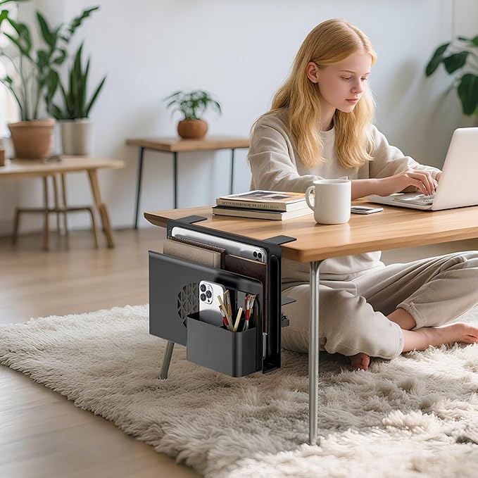 Desk Side Storage, Metal Laptop Holder with Magnetic Pen Box, Clamp-On Under Desk Organizer with Cooling Holes & Anti-Scratch Pads for Office and Home (Black)