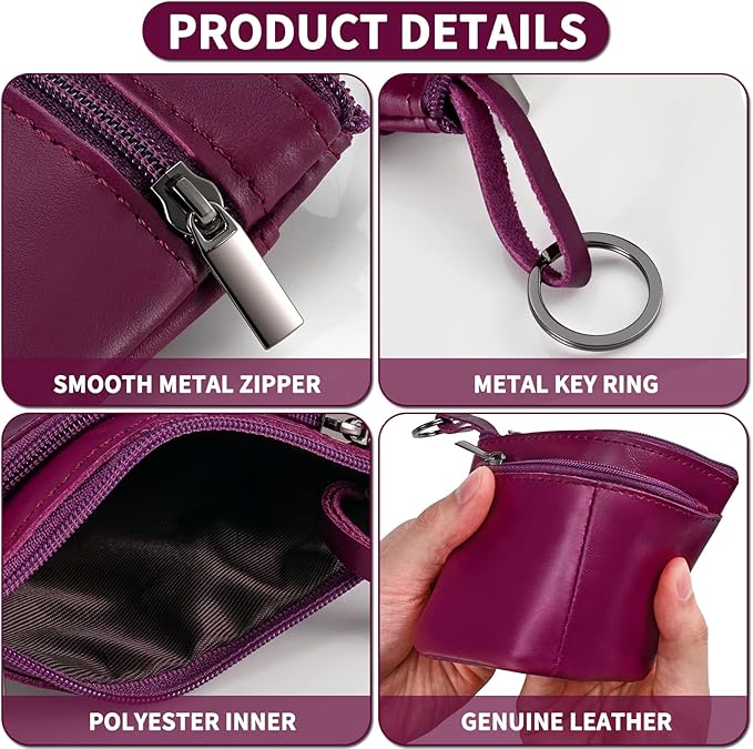 Purple Genuine Leather Multi-Functional Wallet - Compact Card Holder, Coin Purse & Key Organizer with 3 Zippers, Built-in Key Ring, Perfect for Travel, Work & Daily Use