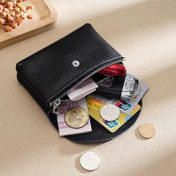 Genuine Real Leather Coin Purse Small Wallet for Women Men, Card Holder Case, Jewery Lipstick Organizer (Black)