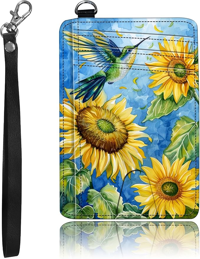 Slim Minimalist Front Pocket Wallet,Credit Card Holder Wallet for Women Men,RFID Blocking Credit Card Holder Case Leather Cute Small Thin Wallet ID Window&Wrist Strap,Watercolor Sunflower Bird