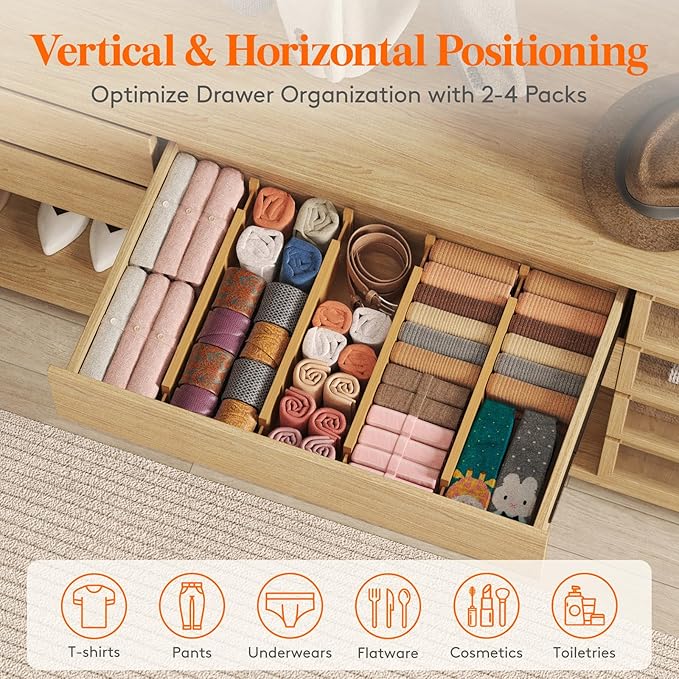 Lifewit 4" High 8 Pack Bamboo Drawer Dividers 43-54cm/17-21.5" Adjustable Wooden Drawer Organizer for Clothes/Utensils, Expandable Drawer Separator for Dresser/Kitchen/Bedroom/Office Organization