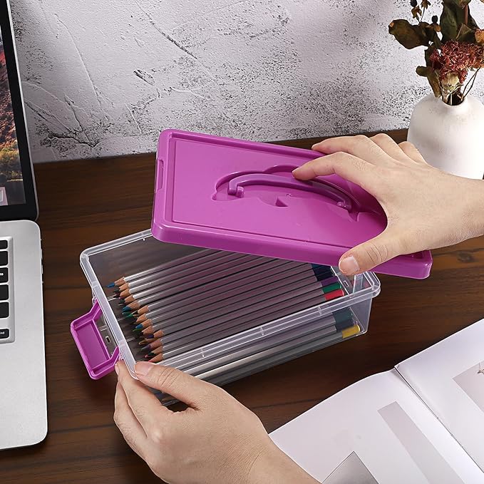 BTSKY 1-Pack Clear Plastic Storage Box with Lid, Stackable Organizer Featuring Easy-Lift Dolphin Design, Multi-Use Portable Container for Home, Craft, Office, Space-Saving with Secure-Clasp, Purple