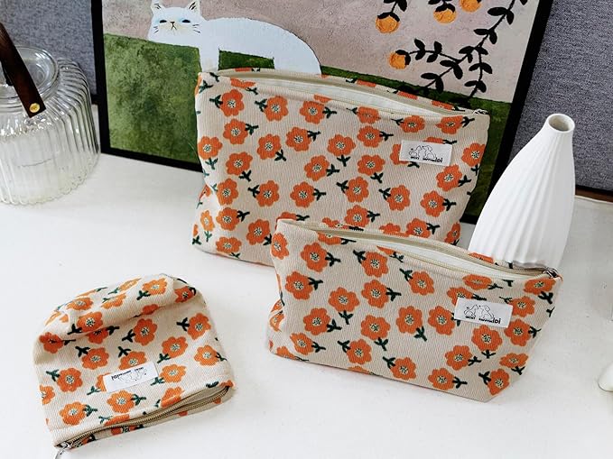 HAPPYHEIDI Makeup Bag Set 3 Cosmetic Toiletry Organizer Zipper Pouch for Purse Tote, Women Girls Gift, Large Medium Small, Beige Orange Floral Corduroy