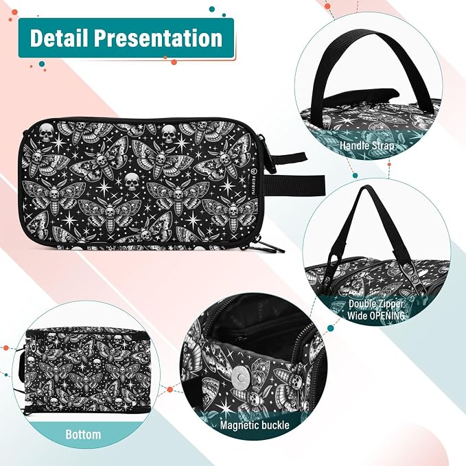 MNSRUU Large Capacity Makeup Bag, Digital Skull Head Moth Cosmetic Bag Portable Toiletries Pouch with Compartments Makeup Organizer Case for Travel Women