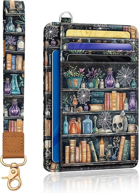 Goth Book Credit Card Holder Wristlet Wallet for Women, RFID Small Wallet Keychain Lanyard, Funny Skull Gothic Travel Cute Thin Front Pocket Case Organizer with ID Window PU Leather Witchy Gifts Woman
