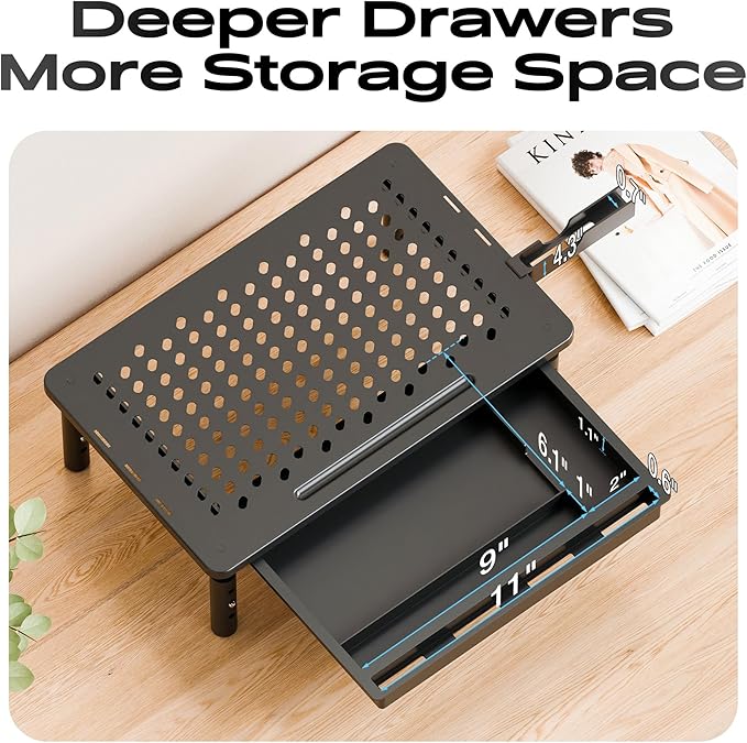 Computer Monitor Stand Riser with Storage, 3 Height Adjustable Laptop Desktop Monitor Stand with Drawer, Metal Short Printer Table, Stand Riser for Desk, Office Desk Organizers and Accessories, 2 Pack