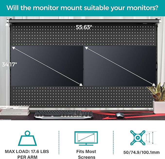 EUREKA ERGONOMIC Desk Pegboard with Dual Monitor Stands, LED Metal Pegboard for Gaming Desk, Privacy Panel with 4 Accessories Modular Hanging, Computer Accessories for Office, 59 x 34 Inch, Black