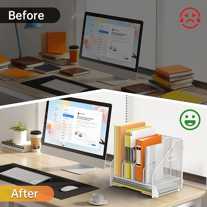 Docnest Desk File Holder Sorter, 4 Vertical Compartments Rack with Letter Tray, Mesh Magazine File Holder with Handle,Workspace Organizers,Desk Organizers for Paper, Mail, Documents-White