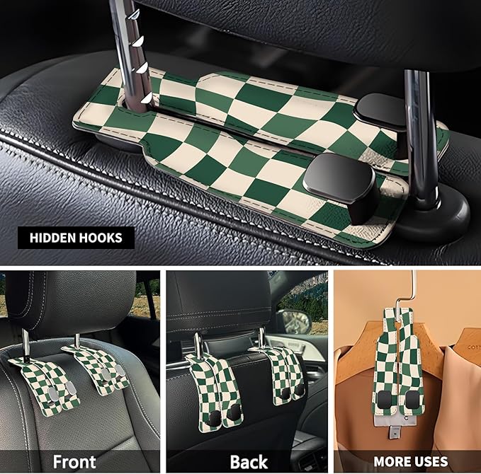 Car Seat Headrest Hook, Universal Leather Cute Hanger Holder Hook, Storage Organizer Interior Accessories for Purse Bags Handbag Luxury Green Plaid