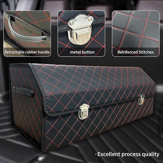 Car Trunk Organizer with Lid,Foldable Faux Leather Cargo Storage Box,3 Compartments,Collapsible Multi-Functional for SUV,Sedan,Vehicle Trunk