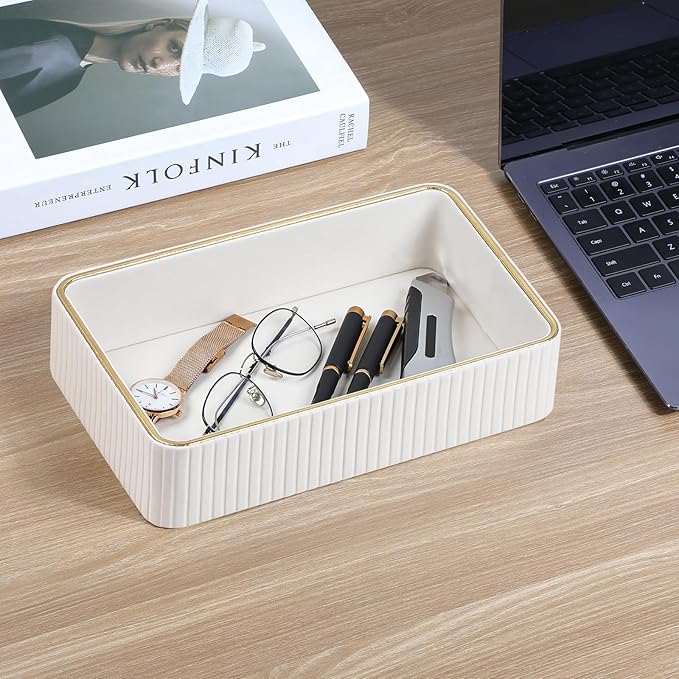 Desk Organizer Tray, PU Leather Nightstand Organizer Perfume Valet Tray for Men Women, Decorative Vanity Trays Trinket Dish Key Bowl for Entryway Table (Ivory, Medium)