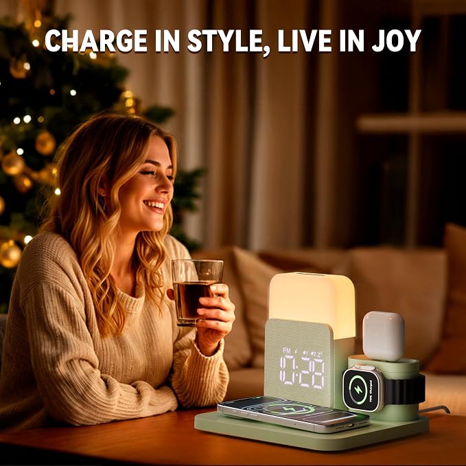 7 in 1 Wireless Charging Station, Magnetic 25W Fast Charger with Alarm Clock & Night Light, Bedside Charging Stand for iPhone 17 16 15 14 13 12 Pro Max, Apple Watch, AirPods, Bedroom