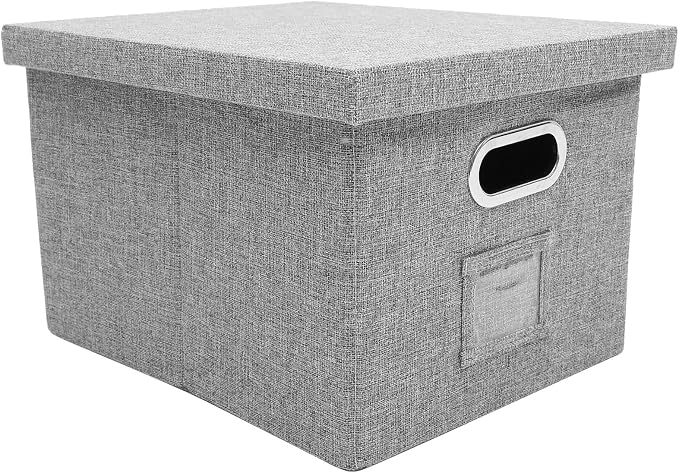 Gray Cloth File Organizer Box with Lid, Office Desk Storage Container for Document Filing and File Carrying, Stackable Desktop Storage Holder for Office Supplies