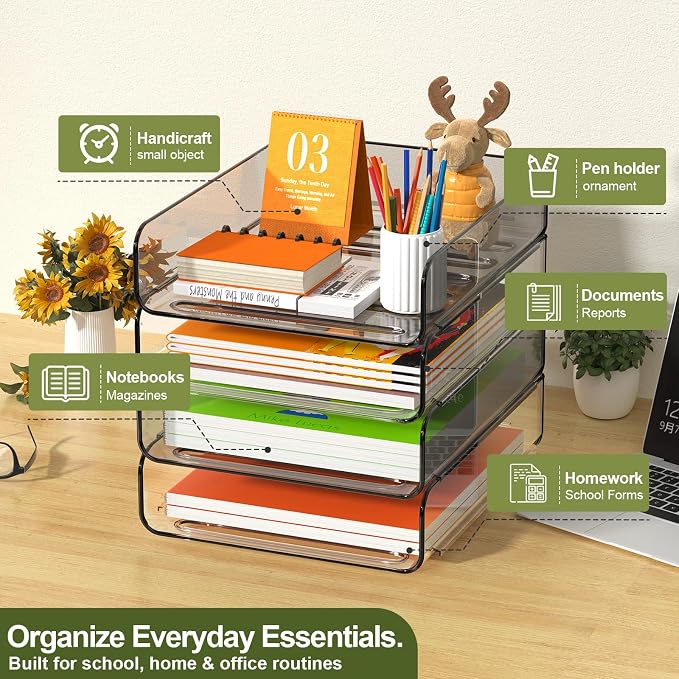 FANXIYQ 4-Tier Acrylic Paper Tray Organizer, Clear & Brown Stackable Desk Organizer for Documents, Files, A4 Paper, Mail, Books & Office Supplies, Office Classroom Home