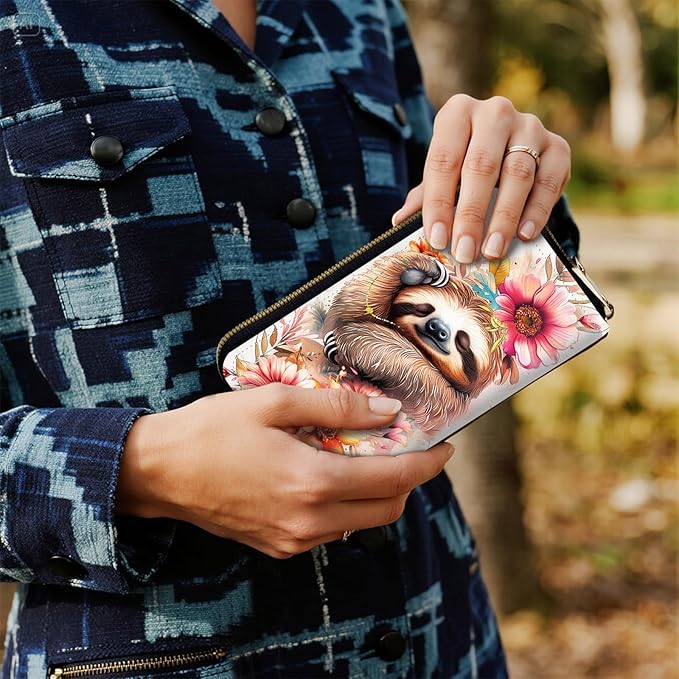 Women's RFID Blocking Zip Around Wallet with Detachable Wrist Strap, Large Capacity Credit Card Holder Organizer for Everyday Use,Cute Sloth Flower