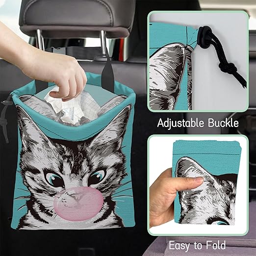 Cute Cat Car Trash Bag,Kitten Blow Bubble Gum Hanging Drawstring Car Garbage Bag,Waterproof Canvas Car Back Seat Organizer with Adjustable Buckle,for Vehicles,SUVs,Camping,Road Trips