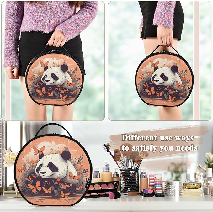 senya Round Cosmetic Pouch Travel Makeup Train Case Panda Orange Makeup Organizer Bag with Adjustable Dividers Portable for Cosmetics Makeup Brushes Toiletry Jewelry Accessories