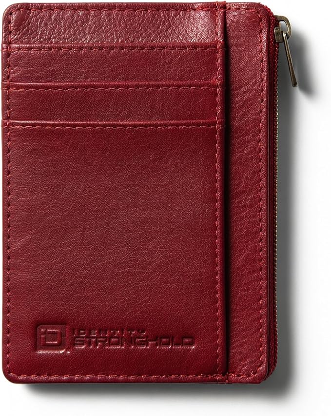 ID STRONGHOLD RFID Front Pocket Wallet Mini Minimalist Wallet Slim Wallet Genuine Leather with Zipper , Red , Small