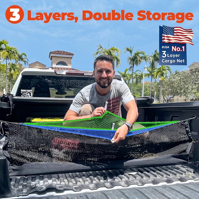 3-Layer Cargo Net for GMC Acadia/Buick Enclave/Chevrolet Traverse 2024-2026, Multi-Zone Trunk Storage Net with Zippered Bottom Bag, Heavy-Duty Cargo Organizer Netting for Camping, Travel & Daily Use