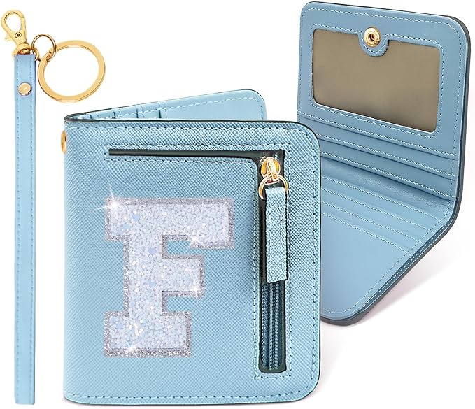 COSHAYSOO Small Wallet for Women Teenager Girl Personalized Initial Gift Preppy Letter Monogrammed Patch Mini Purse Waterproof for Travel Credit ID Cards Cash Holder Novelty Organizer Blue F
