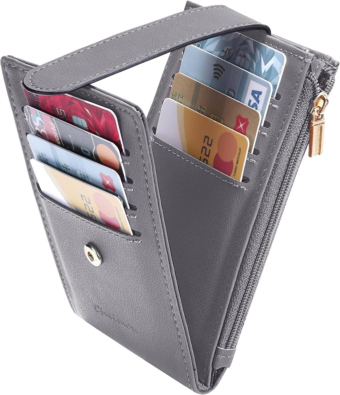 Chelmon Womens Wallet Slim RFID Blocking Bifold Multi Card Case Wallet with Zipper Pocket (Light Grey Smooth)