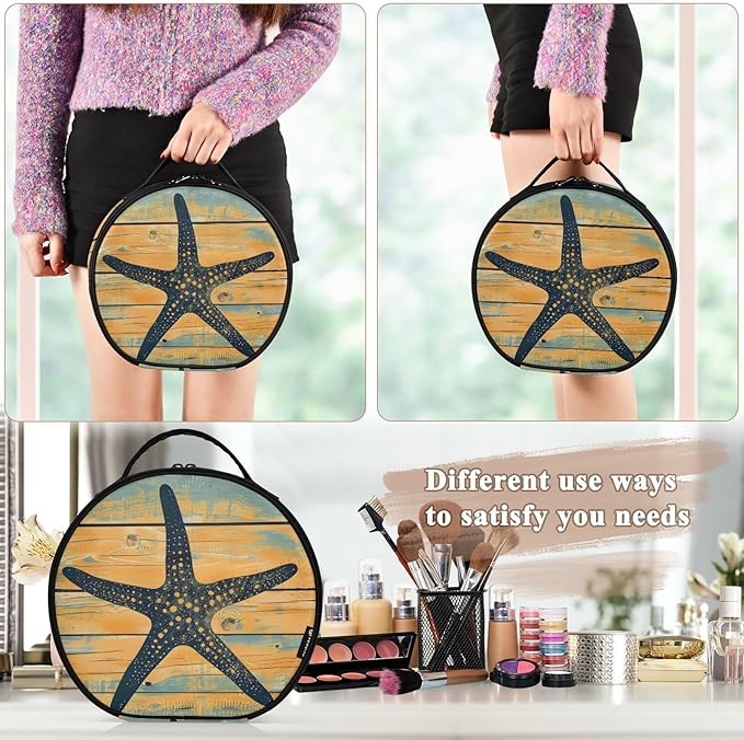 senya Round Cosmetic Pouch Travel Makeup Train Case Starfish Silhouette Makeup Organizer Bag with Adjustable Dividers Portable for Cosmetics Makeup Brushes Toiletry Jewelry Accessories