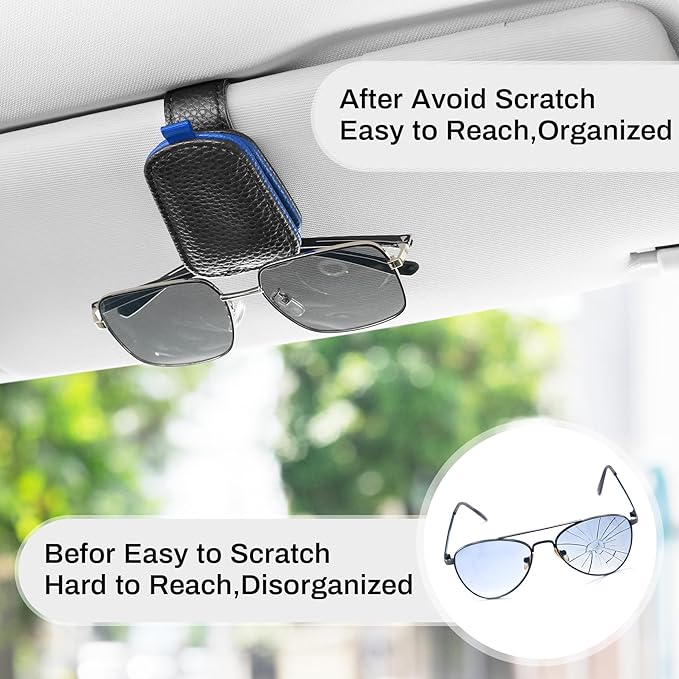 SINGARO Sunglasses Holder for Car, Leather Magnetic Buckle Sun Visor Sunglass Clip, Ticket Card Storage Glasses Clip, Car Interior Accessories for Men and Women（2PCS Black-Blue）